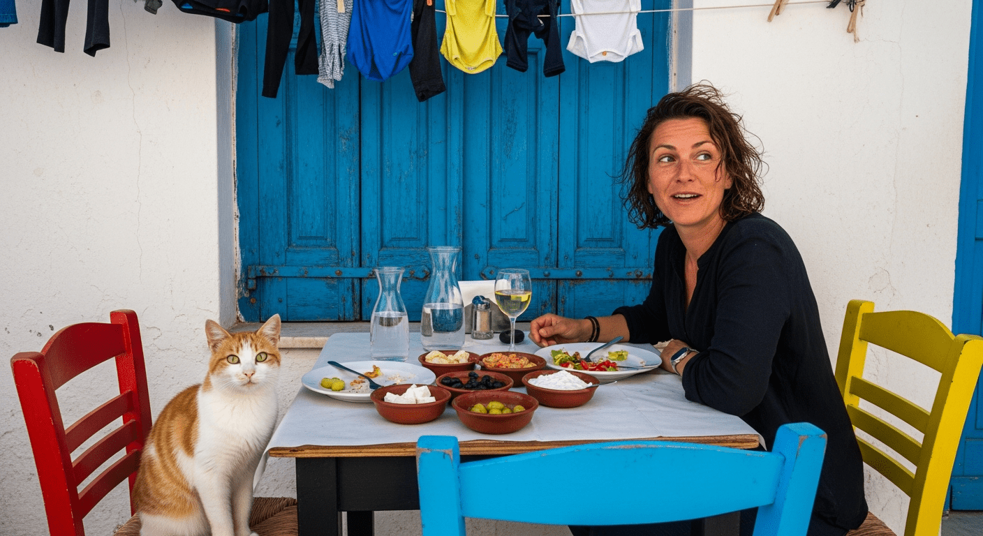 A woman dining alone at a Greek taverna table, with a ginger cat sitting in the chair opposite