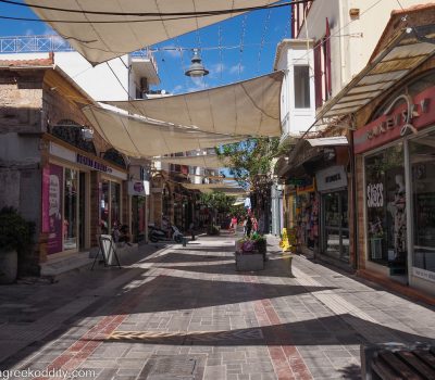 View down Aplotaria Street in the shopping centre of Chios Town