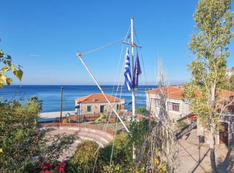 Lesvos 2022 Greek flags decorating the small square in Molyvos on Oxi Day.