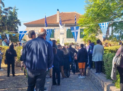 Lesvos 2022 Greek flags decorating the small square in Molyvos on Oxi Day.