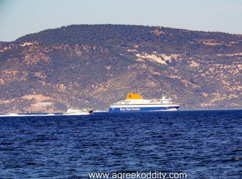 Lesvos 2022 Blue Star ferry passing through the strait between Lesvos and Turkey.