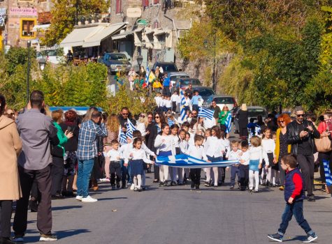 Lesvos 2022 Schoolchildren marching in the Oxi Day parade in Molyvos, Lesvos
