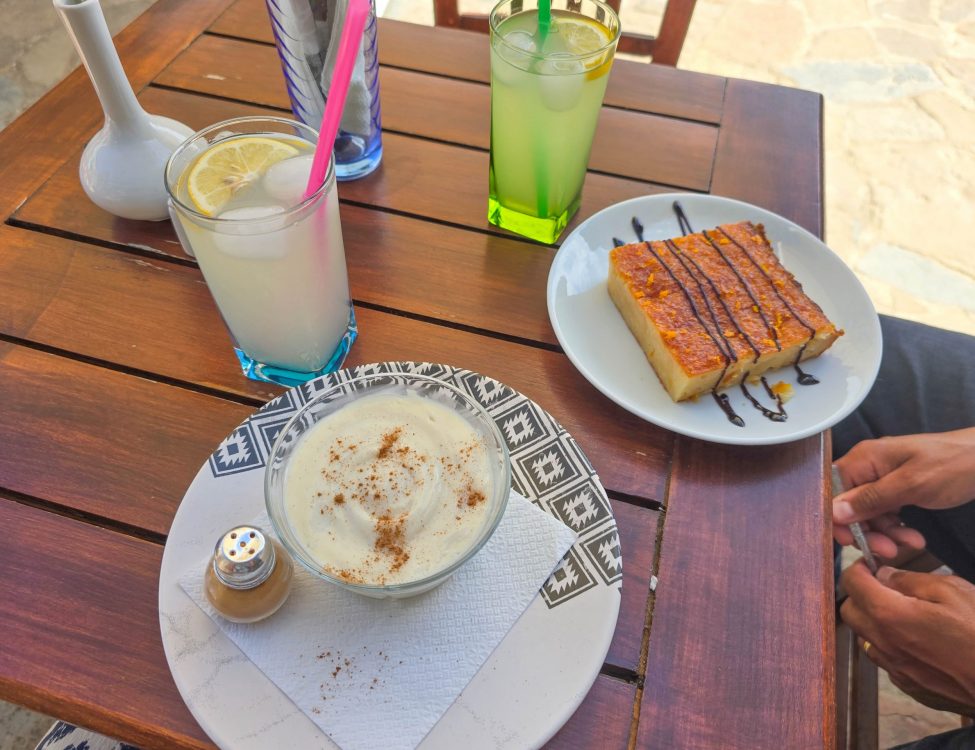 Mastic pudding and portokalopita Mastic pudding and portocalopita with homemade lemonade at Sten Ada, Eski Bademli, Gokceada