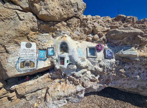 Apelli Cove, Mytilene View of memorial dedicated to swimmers of Mytilene at Apelli Cove, Mytilene