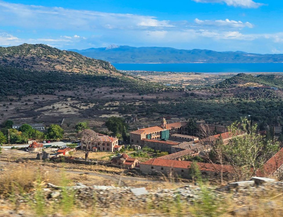 View of Moni Limonos, Kalloni Bay and Mount Olympus, Lesvos