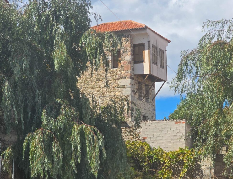 View of Tsoukaladellis Tower in Loutropolis Therma, Lesvos