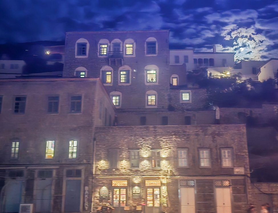 View of Hydra by full moon from the boat
