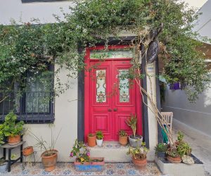 Whitewashed stone houses with potted plants in Bozcaada village