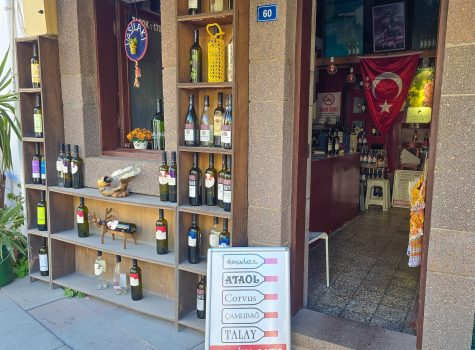 Vasilaki Şarapevi Front of the winery and wine shop Vasilaki Şarapevi in Bozcaada village displaying bottles of wine produced from the local grapes