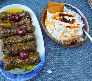 Sandal Restaurant Dolmades with sour cherry sauce and Atom Mesezi at Sandal restaurant in Bozcaada