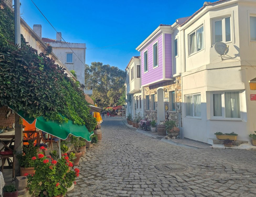 Bozcaada Street Cobbled streets and traditional houses with sachnisi balconies in Bozcaada