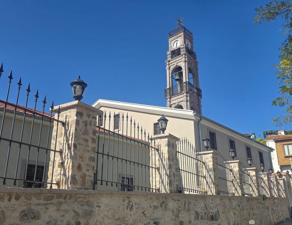 Church of the Virgin Mary Corner view of the Church of the Virgin Mary with its bell tower in Bozcaada, Turkey